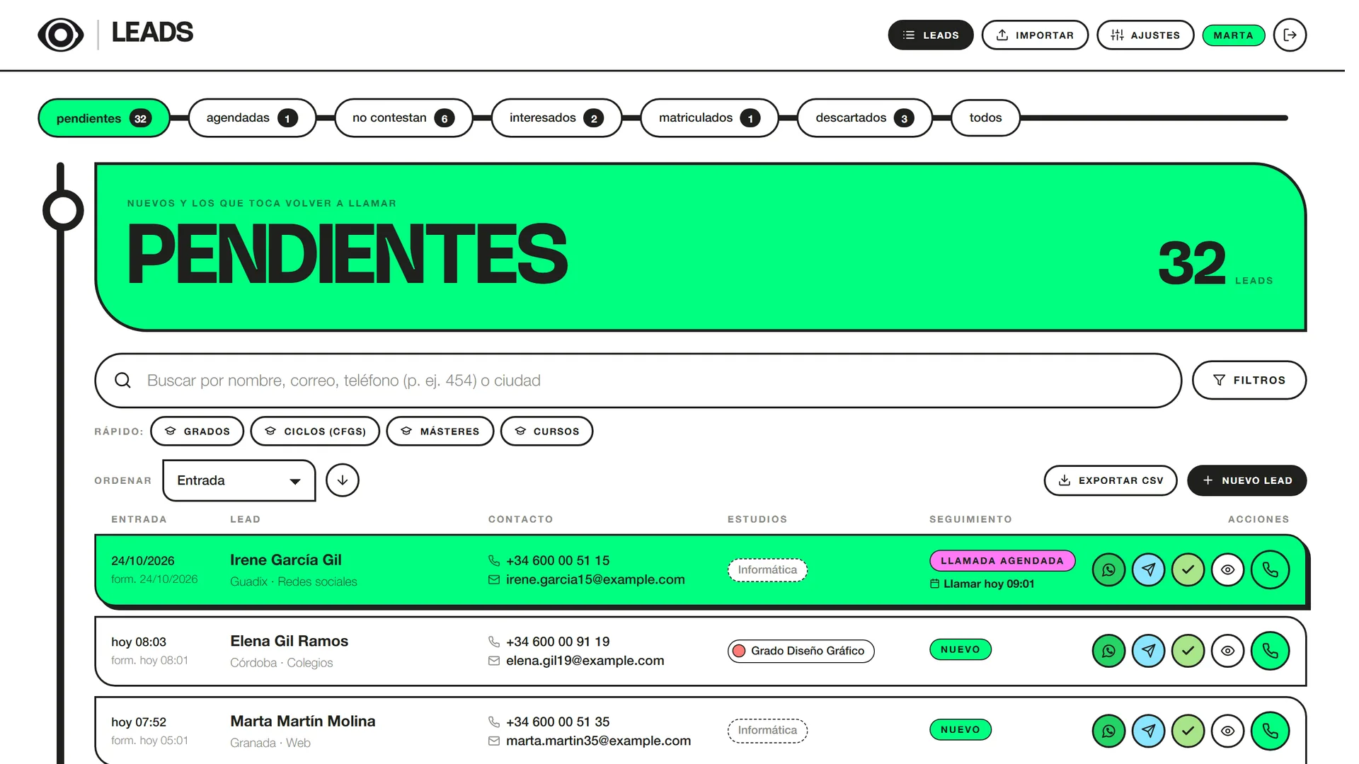 Bandeja de pendientes de Leads: pestañas por estado, buscador y fila de cada lead con sus botones de llamada, WhatsApp y correo