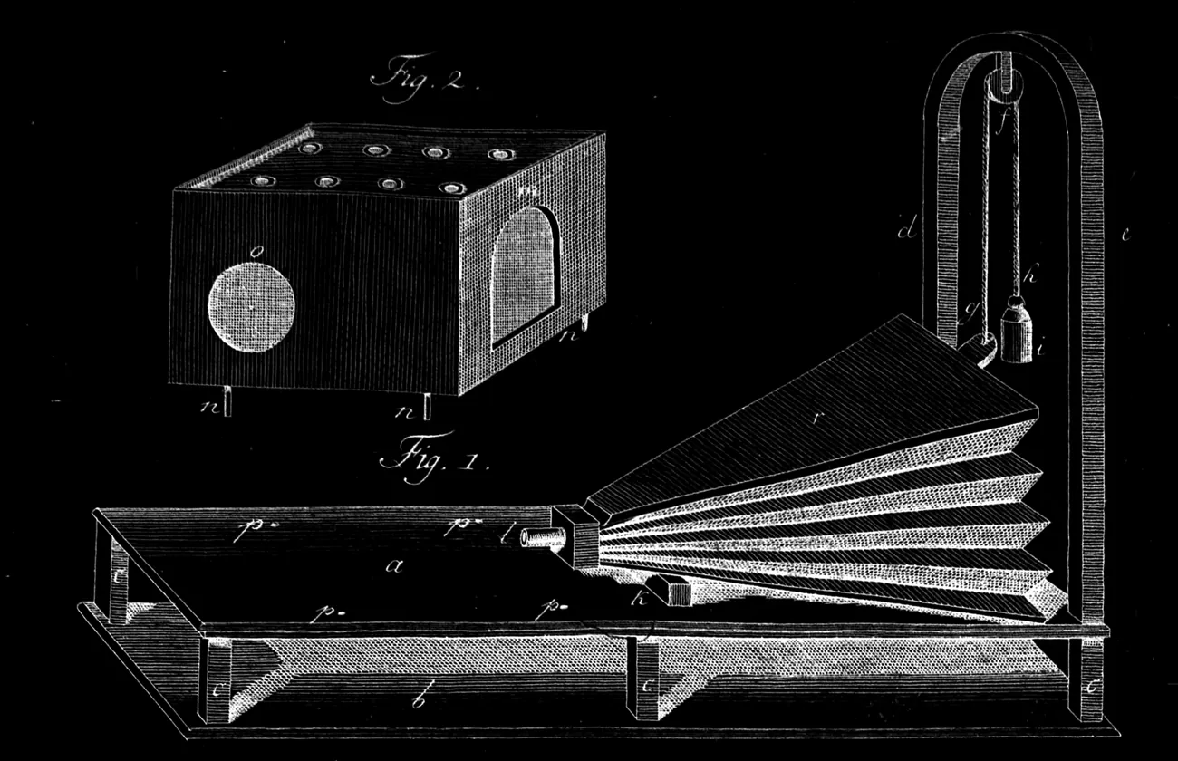 Grabado de las piezas de la máquina parlante de Kempelen: una caja con orificios, un fuelle y su soporte