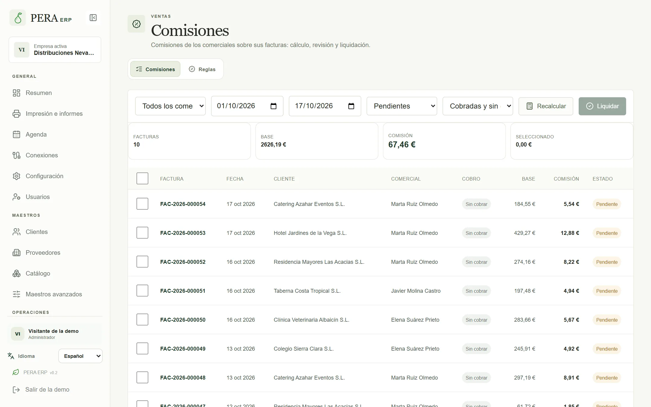 Comisiones por comercial y periodo