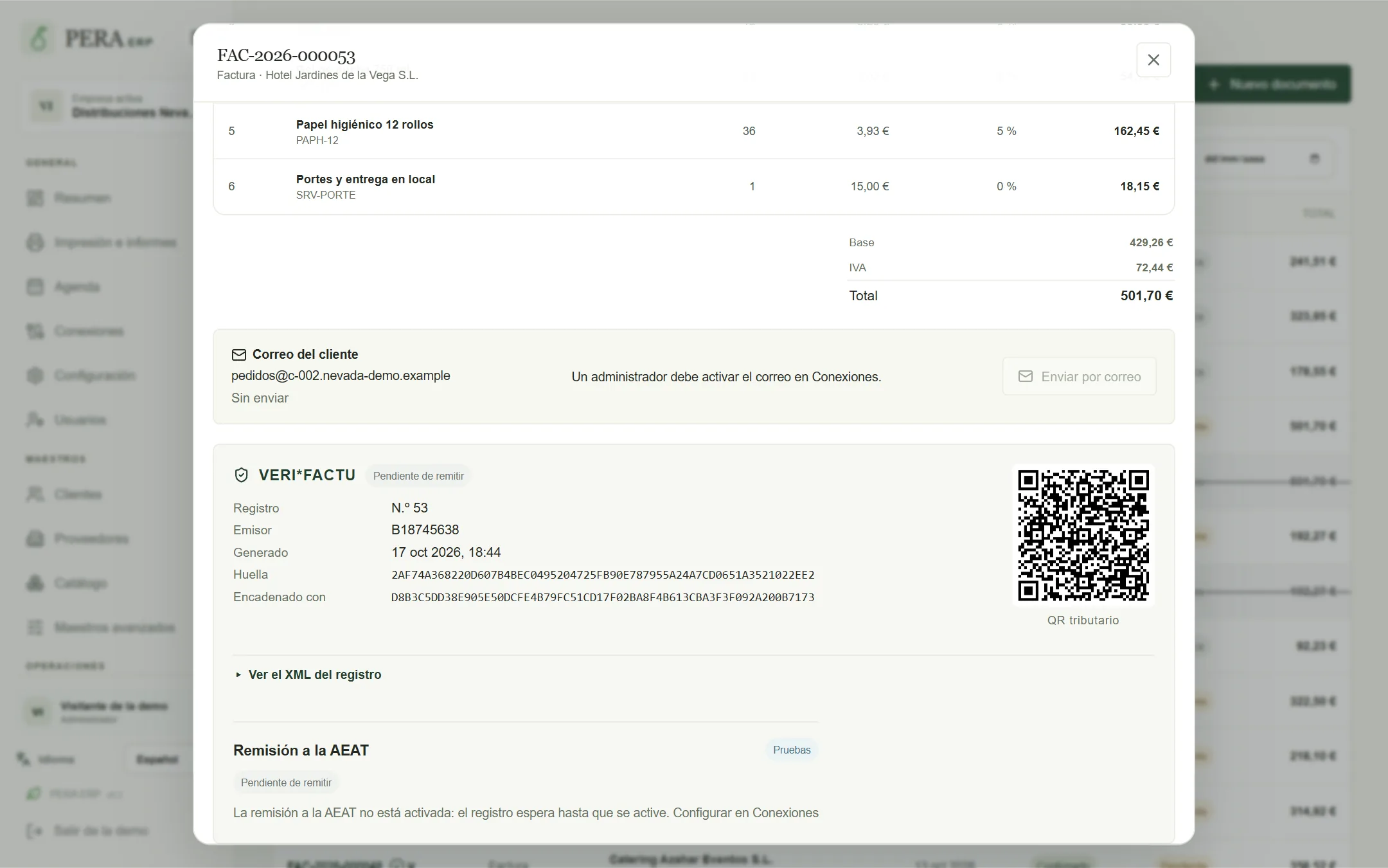 Factura con su registro Veri*Factu: huella, encadenamiento y QR tributario